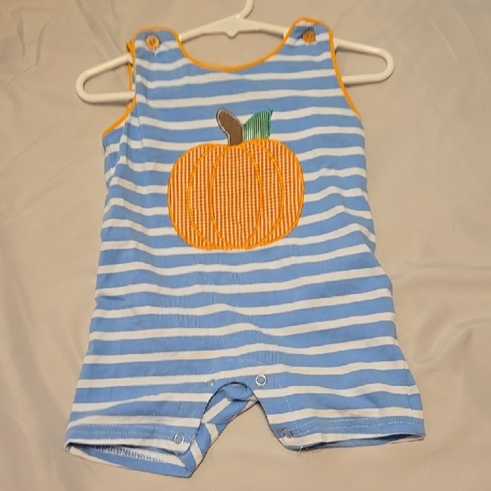 Blue and White Striped Kids One Piece with Pumpkin Design
